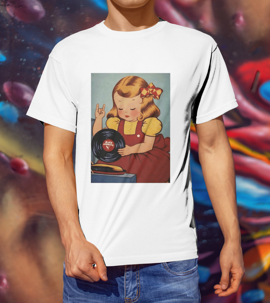 Girl Holding Black Sabbath Vinyl Heavy Metal T-Shirt