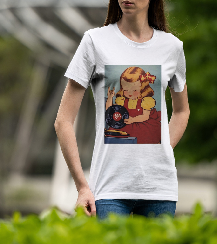 Girl Holding Black Sabbath Vinyl Heavy Metal T-Shirt