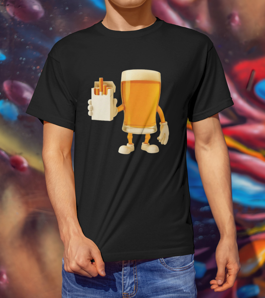 Beer Glass Holding Cigarettes Funny Drunk Cigs T-Shirt
