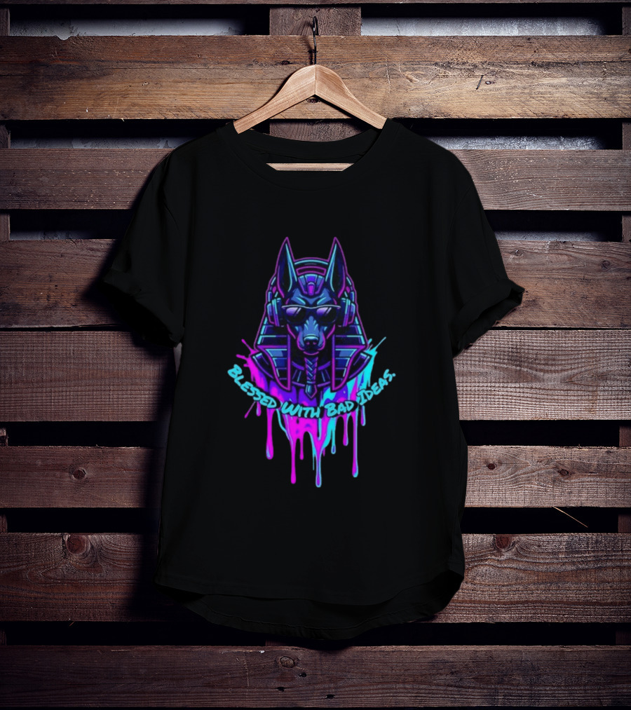 Blessed With Bad Ideas Anubis Headphones Neon Egyptian Mythology T-Shirt