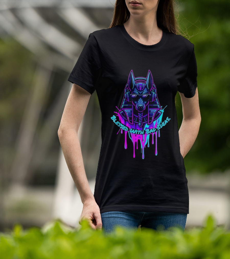 Blessed With Bad Ideas Anubis Headphones Neon Egyptian Mythology T-Shirt