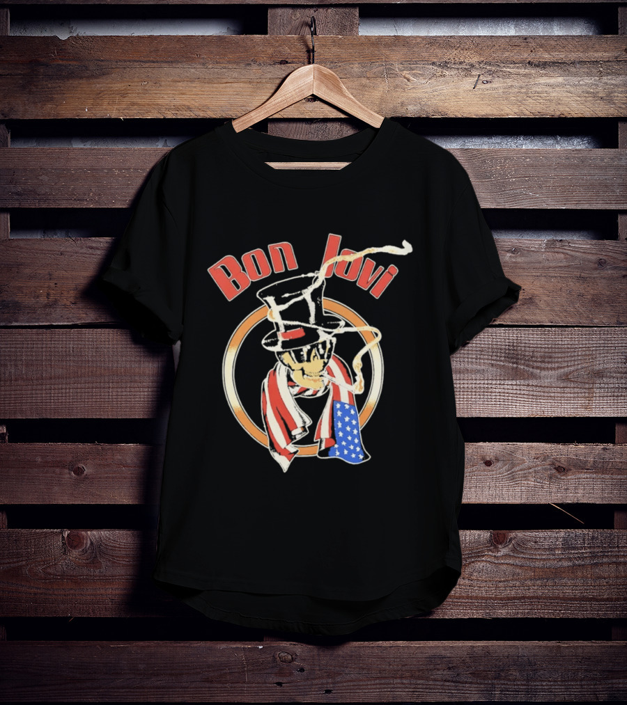 Bon Jovi American Skull With Patriotic Top Hat And Flag Scarf T-Shirt