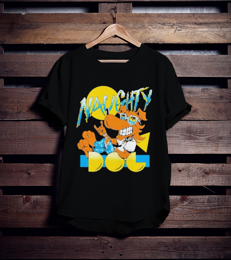 Naughty Dog Retro Cartoon Character With Sunglasses And Sunburst T-Shirt