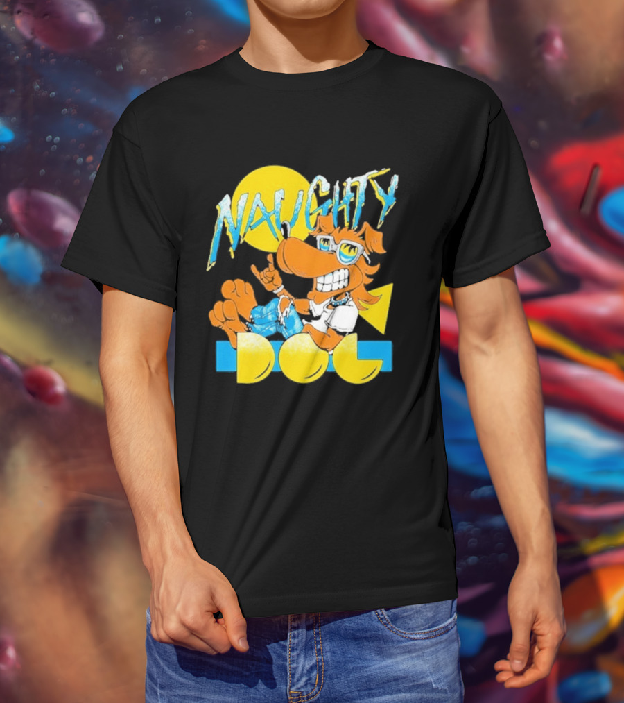 Naughty Dog Retro Cartoon Character With Sunglasses And Sunburst T-Shirt