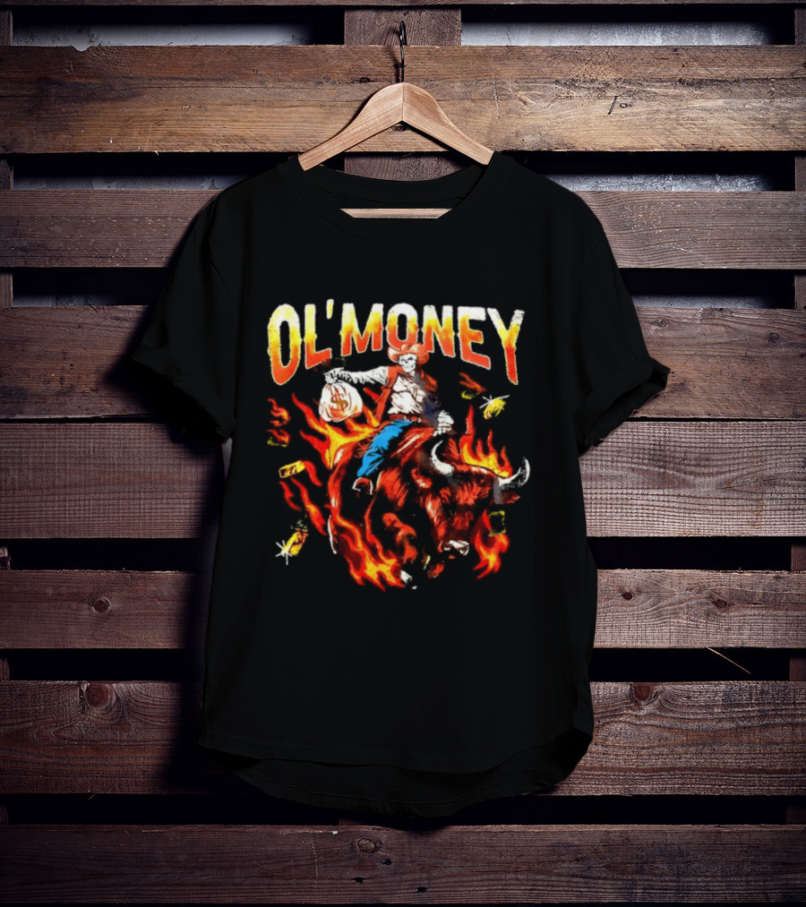 Ol' Money RSN Brand Skeleton Cowboy Riding Flaming Bull T-Shirt