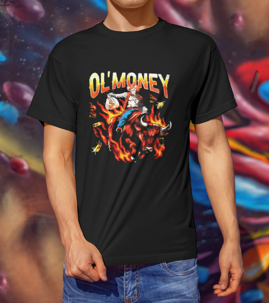 Ol' Money RSN Brand Skeleton Cowboy Riding Flaming Bull T-Shirt