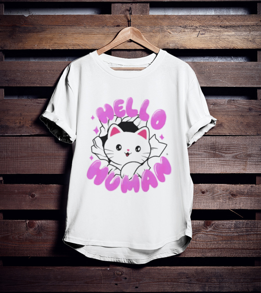 Hello Human Kawaii Cat Kitten Cute Pink T-Shirt