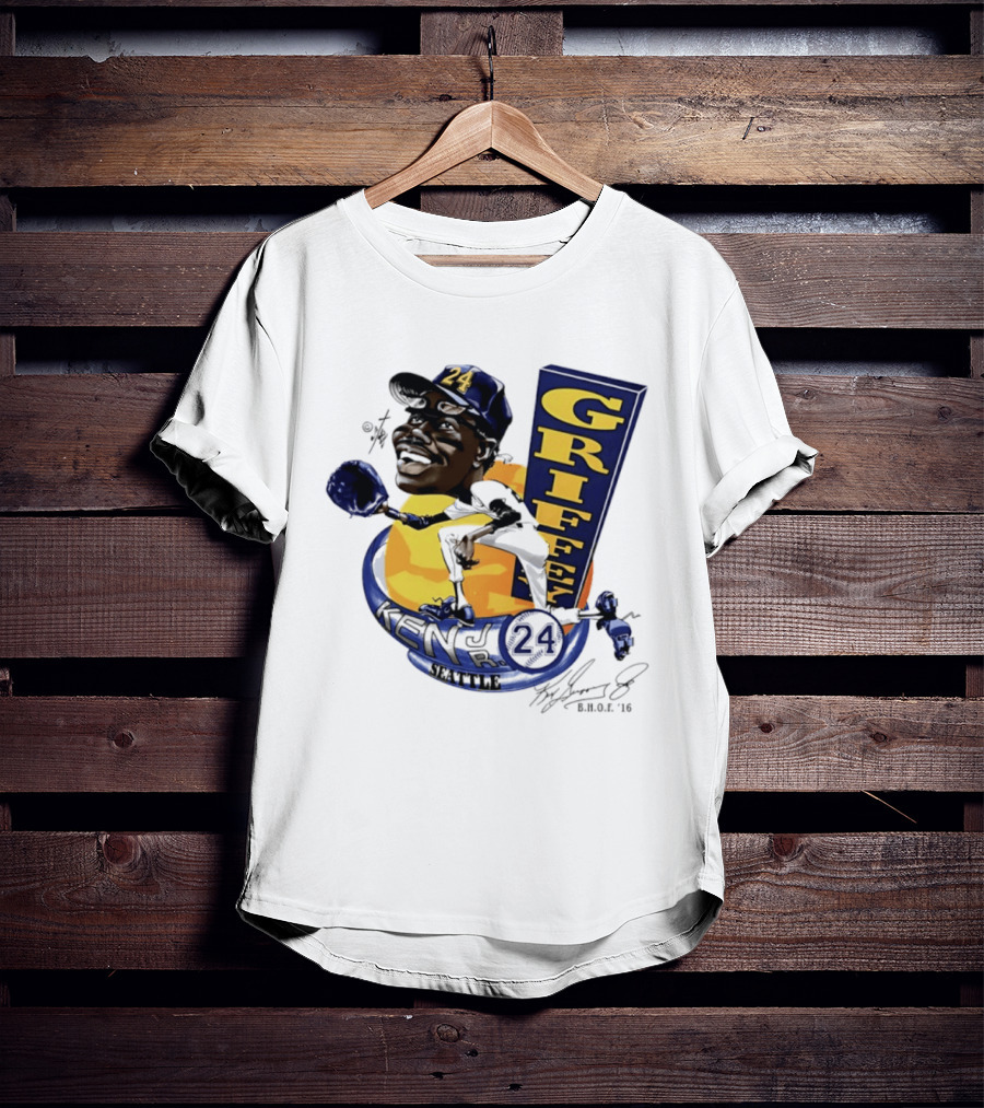 Ken Griffey Jr 24 Seattle Baseball Caricature Bruce Stark Signature T-Shirt