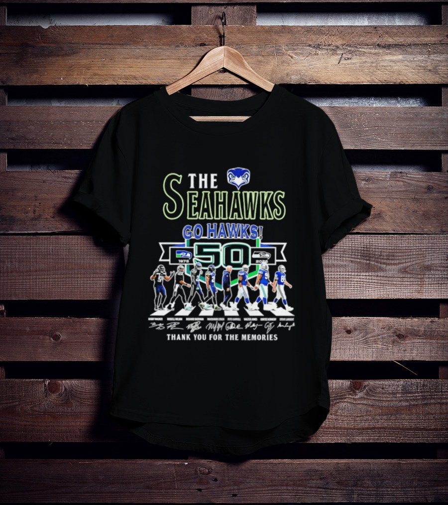 The Seahawks Go Hawks 50th Anniversary Thank You For The Memories 1976 2026 Signatures T-Shirt