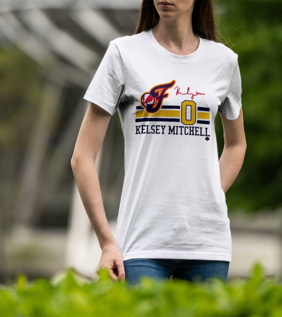 Kelsey Mitchell Indiana Fever No. 0 F Logo And Signature T-Shirt