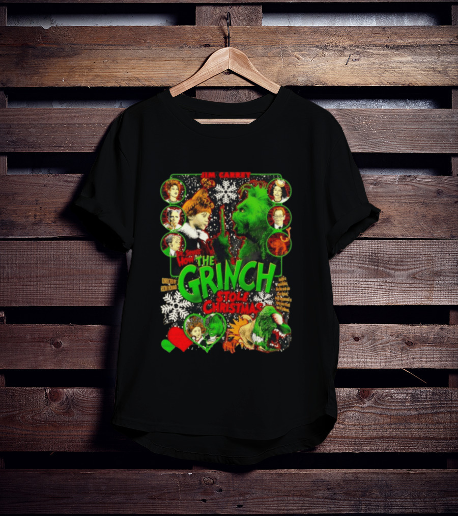 Jim Carrey Dr Seuss How The Grinch Stole Christmas Movie With Characters And Snowflakes T-Shirt
