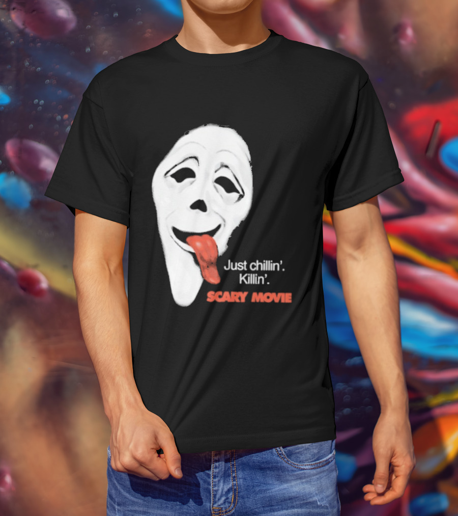 Just Chillin' Killin' Scary Movie Ghostface Mask With Red Tongue T-Shirt
