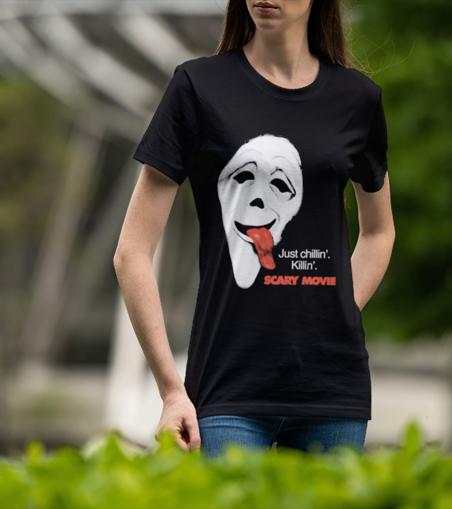 Just Chillin' Killin' Scary Movie Ghostface Mask With Red Tongue T-Shirt