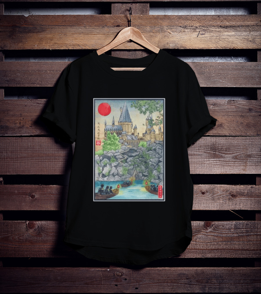 Hogwarts School Of Witchcraft And Wizardry Japanese Ukiyo E Style Castle With Boats And Red Sun T-Shirt