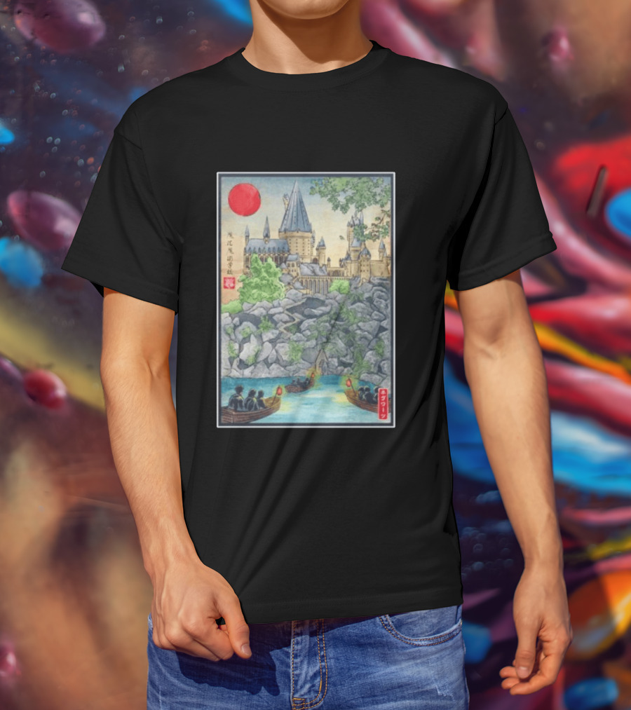 Hogwarts School Of Witchcraft And Wizardry Japanese Ukiyo E Style Castle With Boats And Red Sun T-Shirt