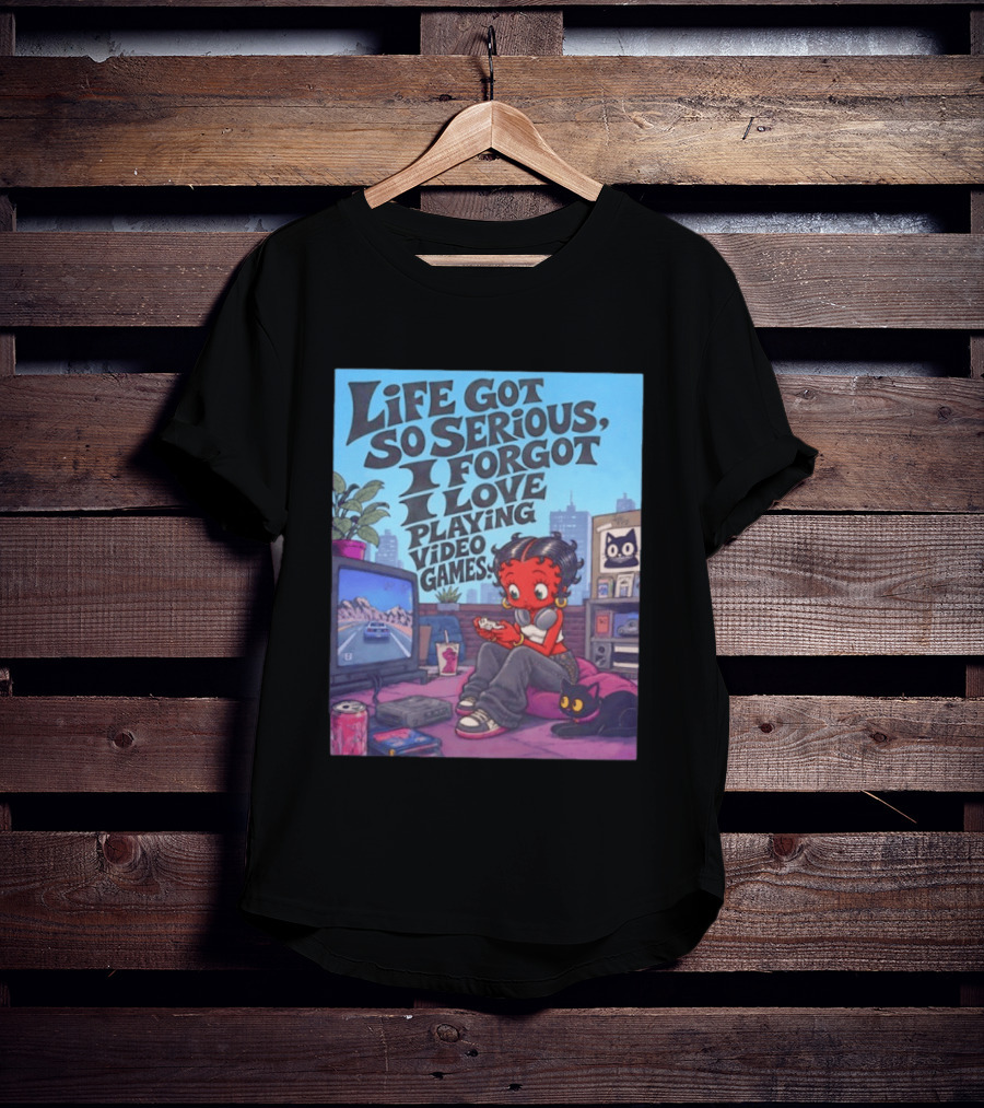 Life Got So Serious I Forgot I Love Playing Video Games City Room Scene Retro Character And Cat T-Shirt