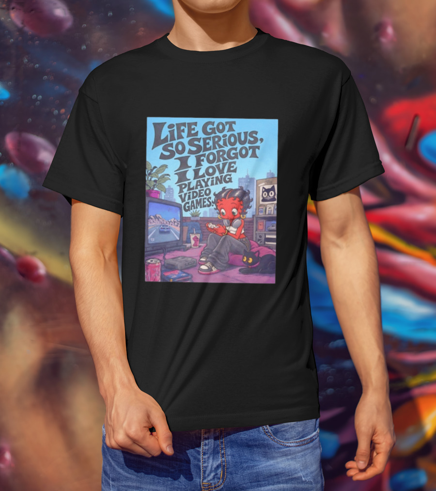 Life Got So Serious I Forgot I Love Playing Video Games City Room Scene Retro Character And Cat T-Shirt