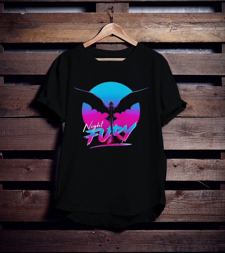 Night Fury Dragon Silhouette Neon Blue And Pink T-Shirt