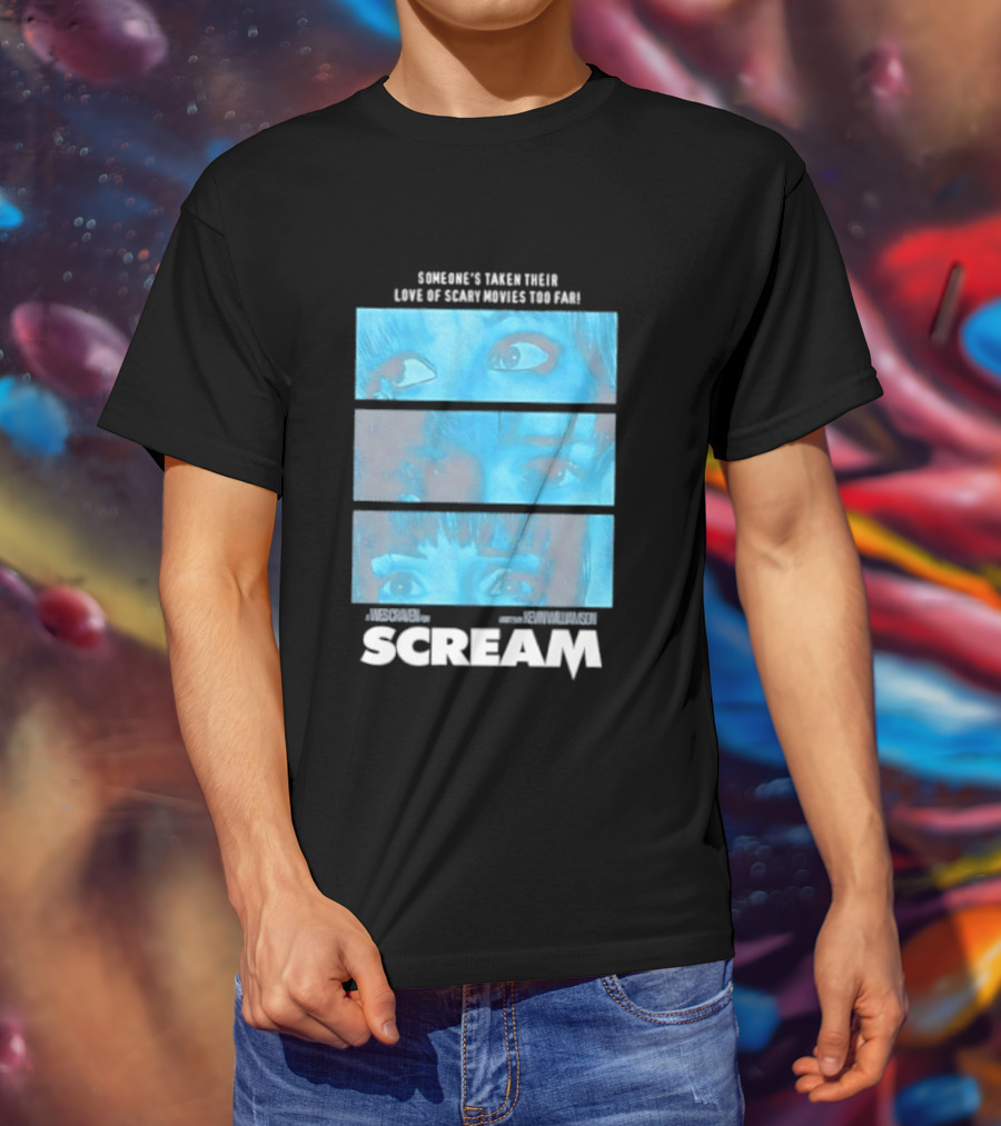 Someone's Taken Their Love Of Scary Movies Too Far Scream Eyes Dramatic Blue Panels T-Shirt
