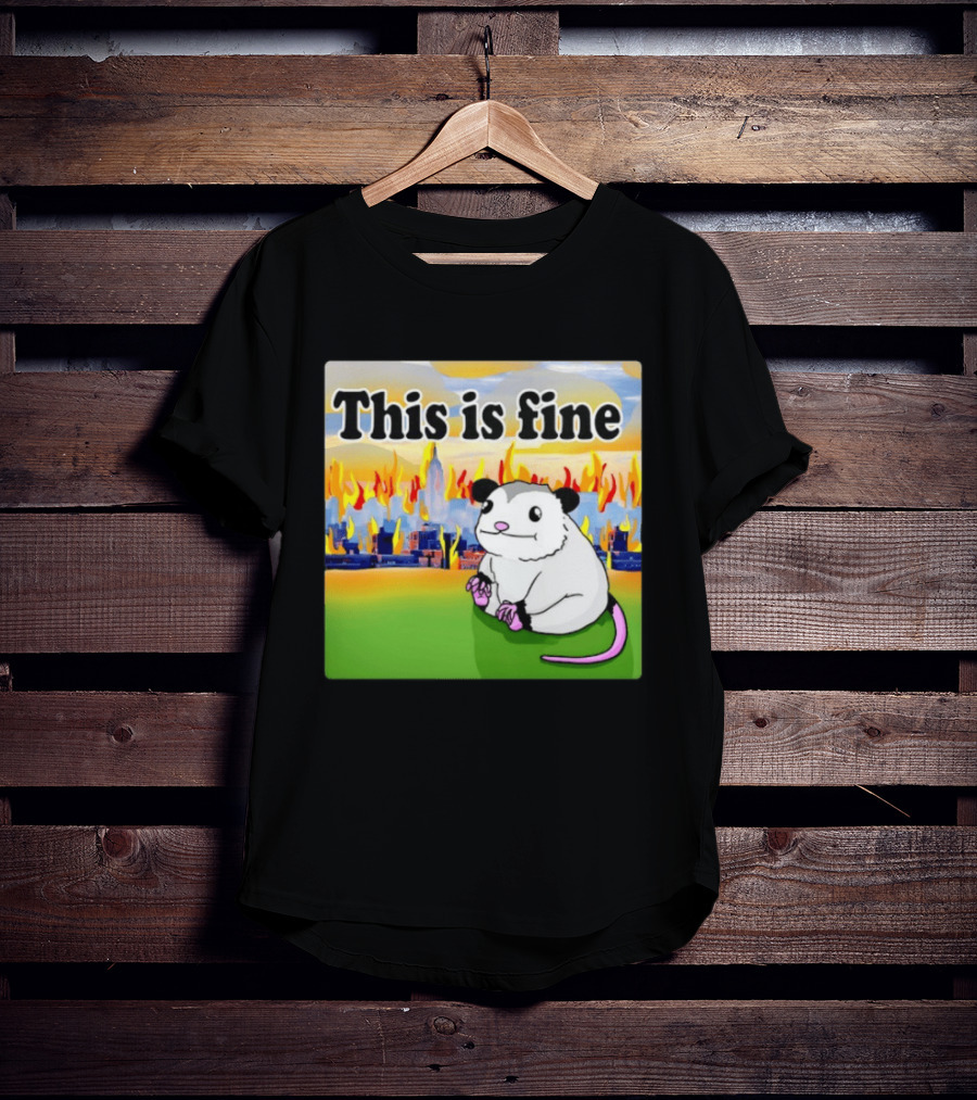 This Is Fine Opossum New York City NYC Urban Skyline Flames T-Shirt