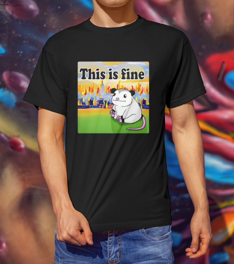 This Is Fine Opossum New York City NYC Urban Skyline Flames T-Shirt