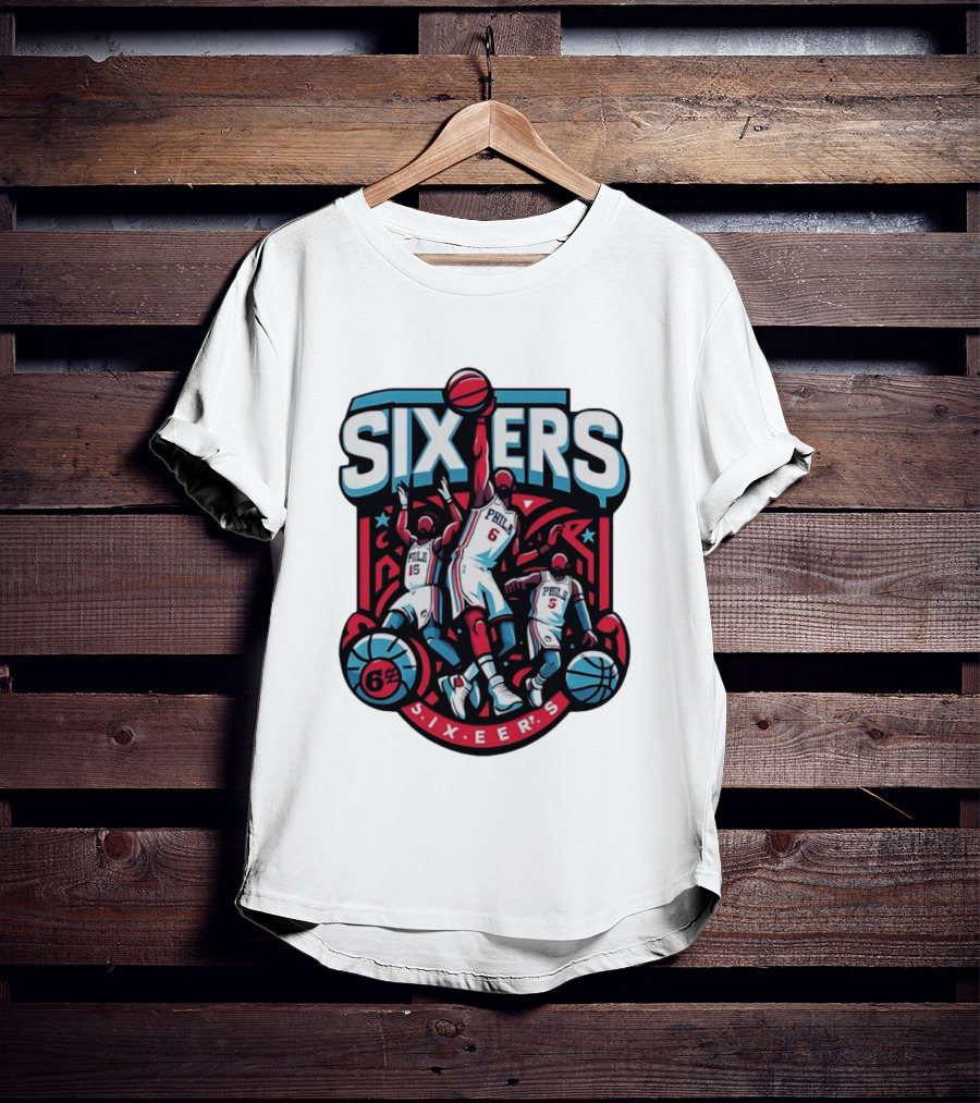 Philadelphia Sixers 2026 NBA Collage Featuring Number 6 Phila Basketball Player T-Shirt