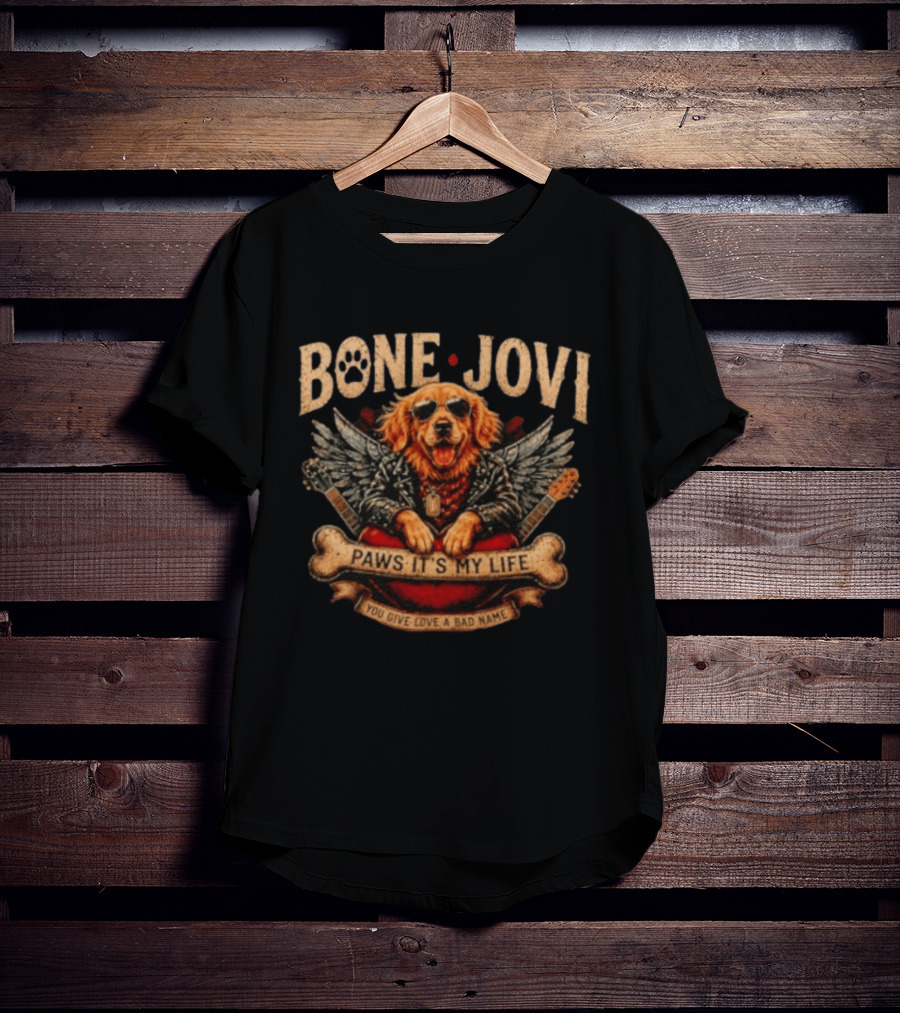 Bone Jovi Paws It's My Life You Give Love A Bad Name Golden Retriever Wings Guitar T-Shirt