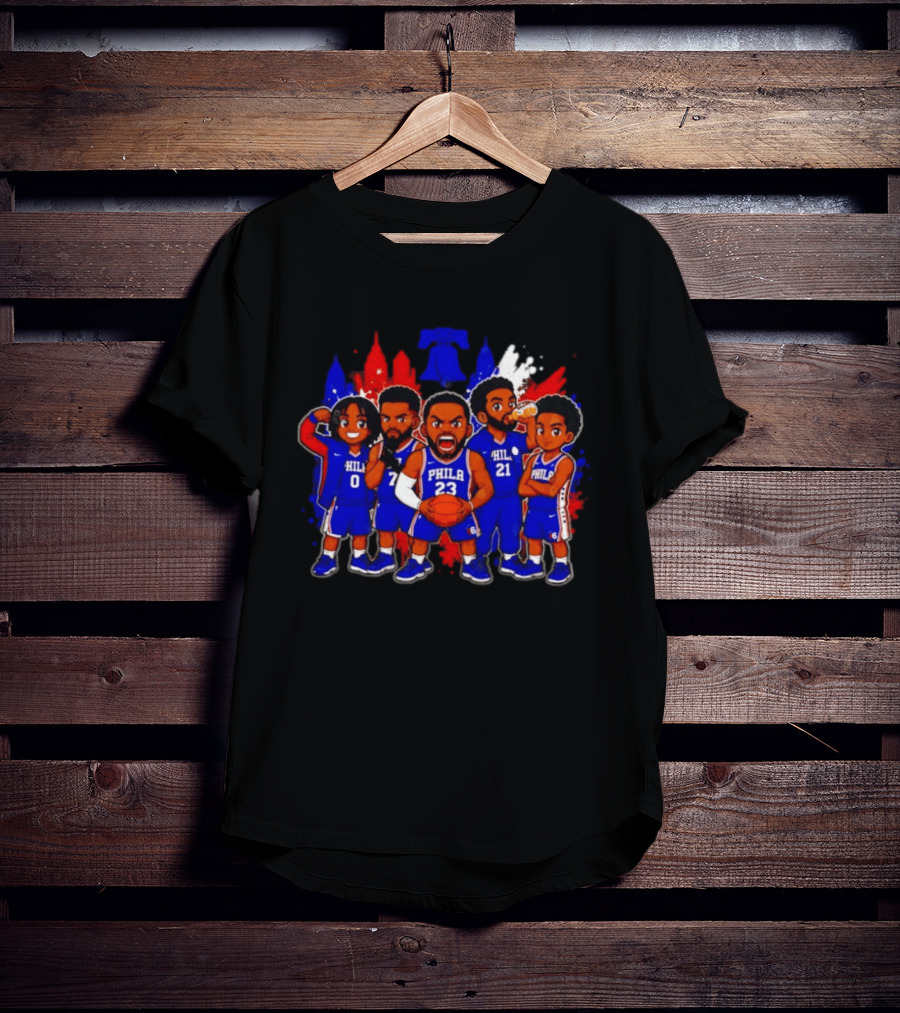 Philadelphia 76ers Cartoon Players With Liberty Bell Skyline T-Shirt