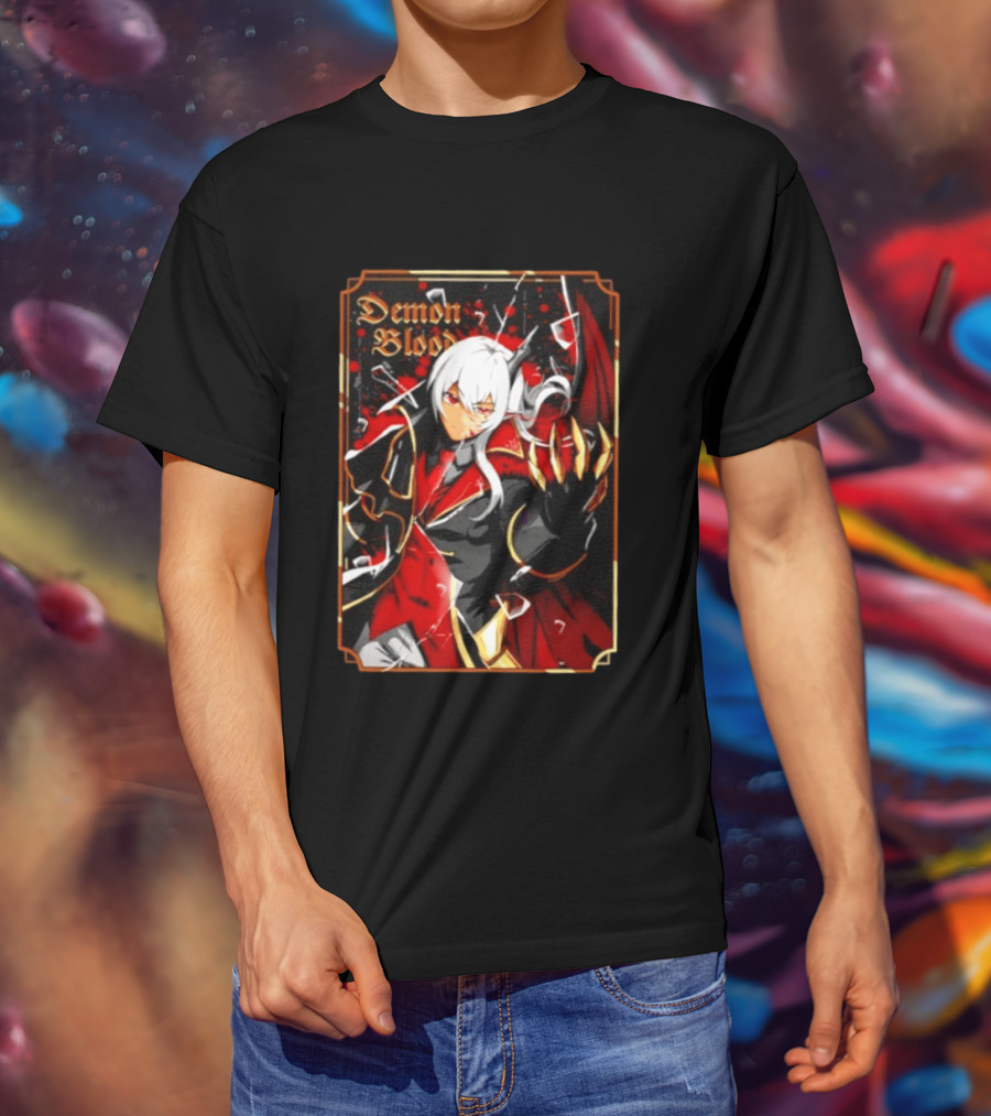 Demon Blood Anime Fantasy Dark Character Design With White Hair And Red Accents T-Shirt