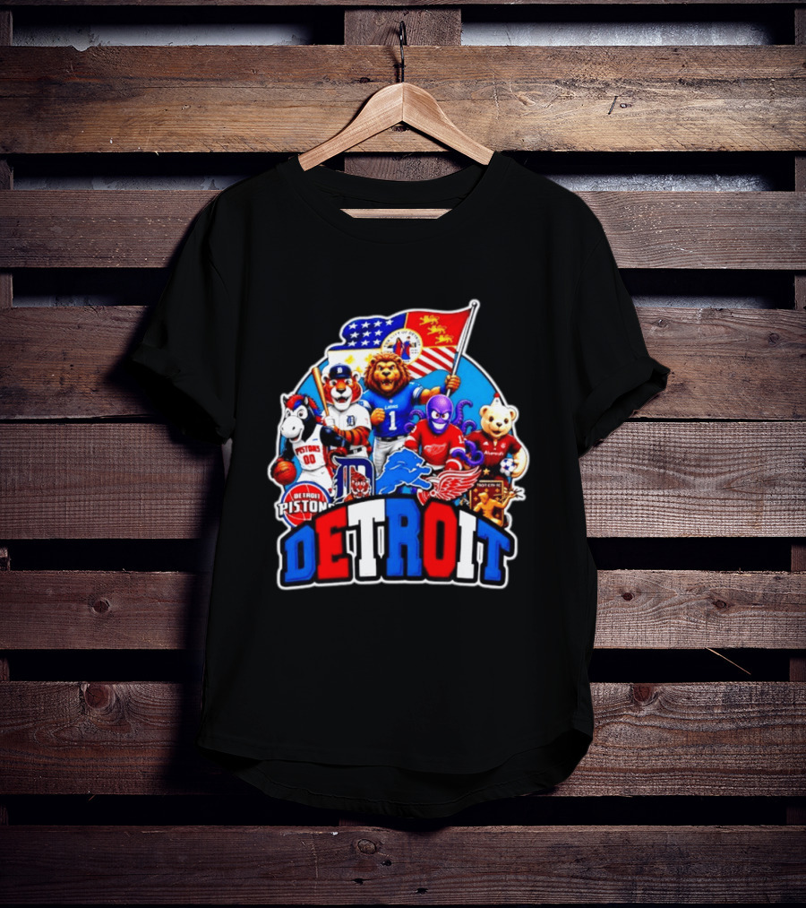 Detroit Lions Tigers Pistons Red Wings Mascots With Flag T-Shirt