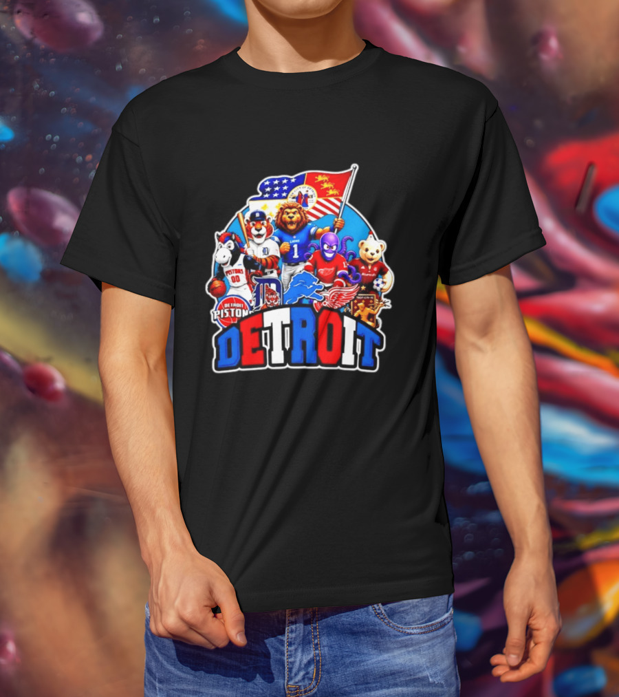 Detroit Lions Tigers Pistons Red Wings Mascots With Flag T-Shirt