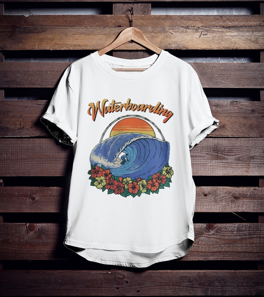 Waterboarding Surfing Tropical Hibiscus Flower Sunset Wave T-Shirt