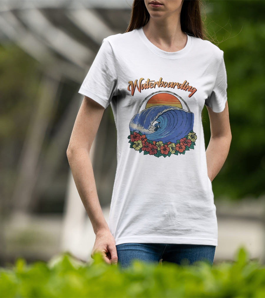 Waterboarding Surfing Tropical Hibiscus Flower Sunset Wave T-Shirt