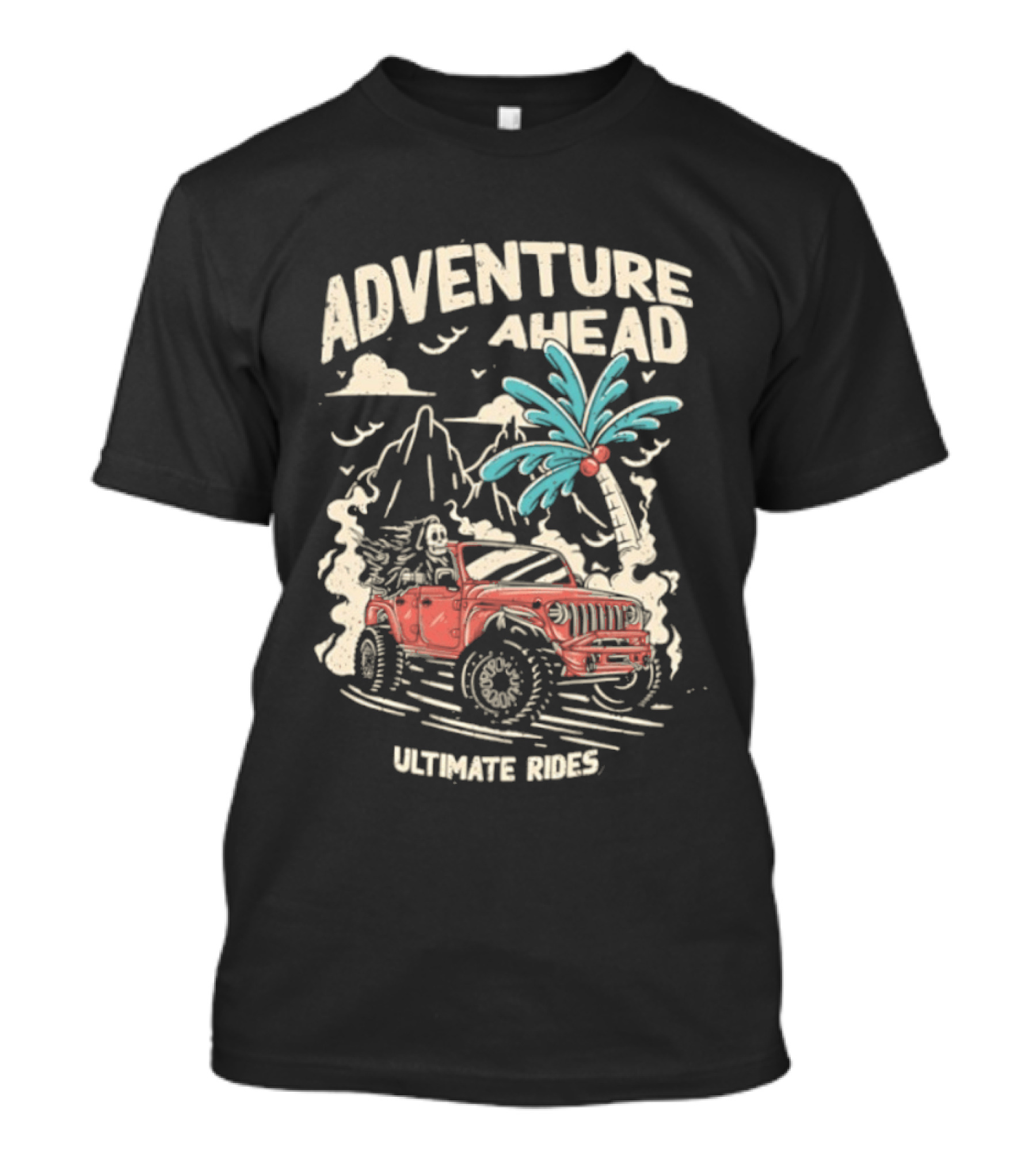 Adventure Ahead Ultimate Rides Jeep Beach Palm Trees Mountain T-Shirt