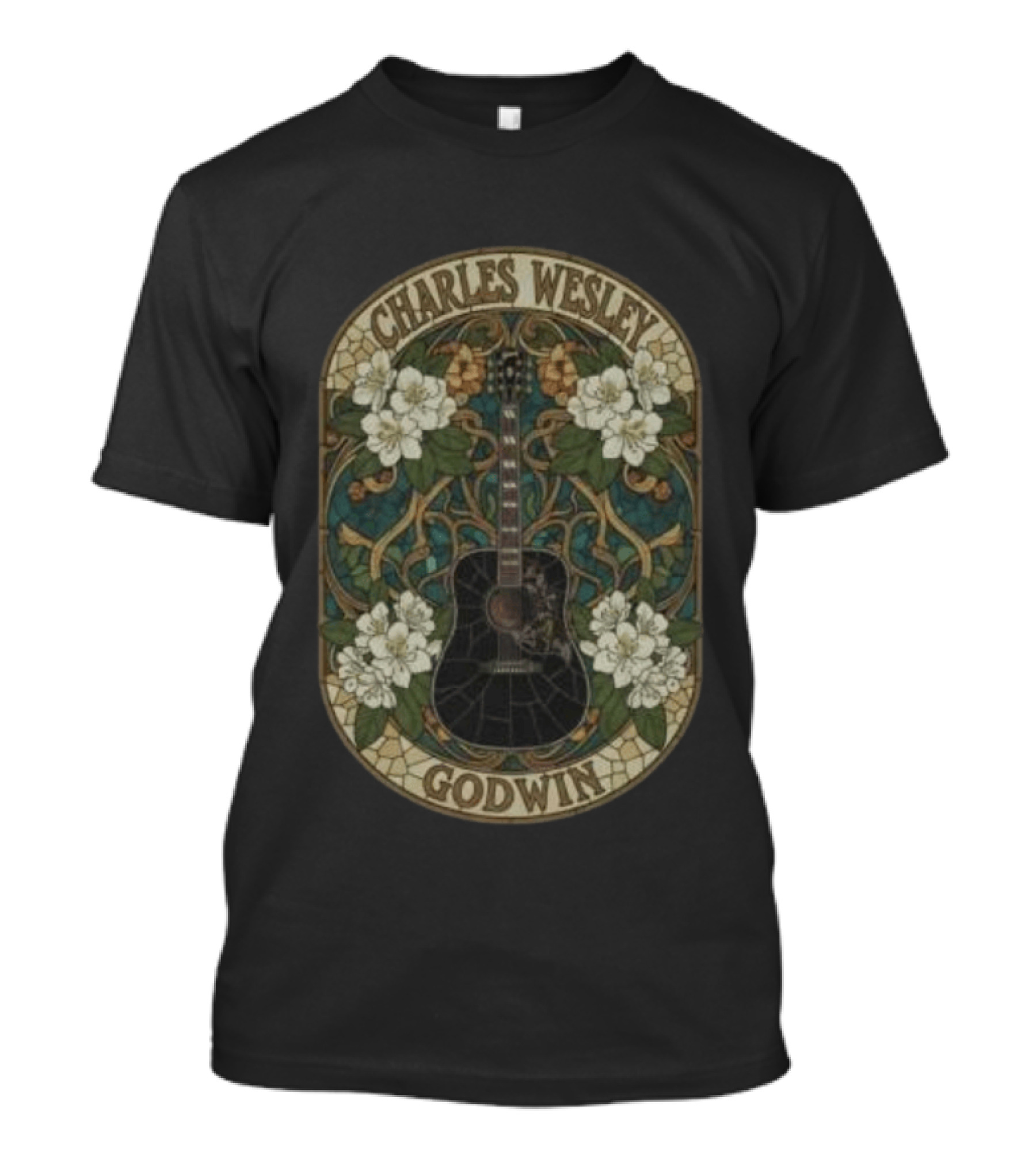 Charles Wesley Godwin Guitar Floral Art Nouveau Style With White Flowers T-Shirt