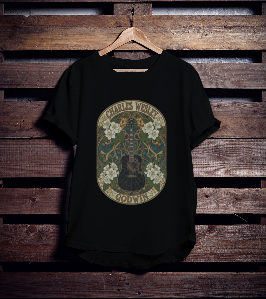 Charles Wesley Godwin Guitar Floral Art Nouveau Style With White Flowers T-Shirt