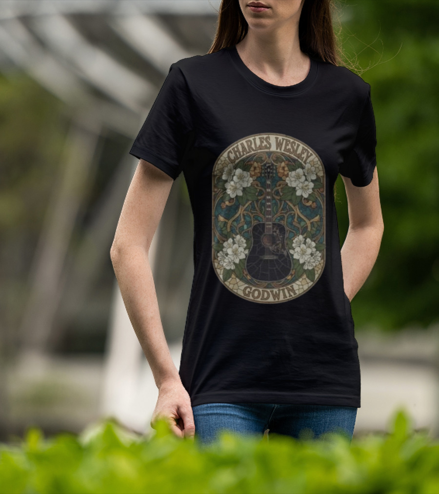 Charles Wesley Godwin Guitar Floral Art Nouveau Style With White Flowers T-Shirt