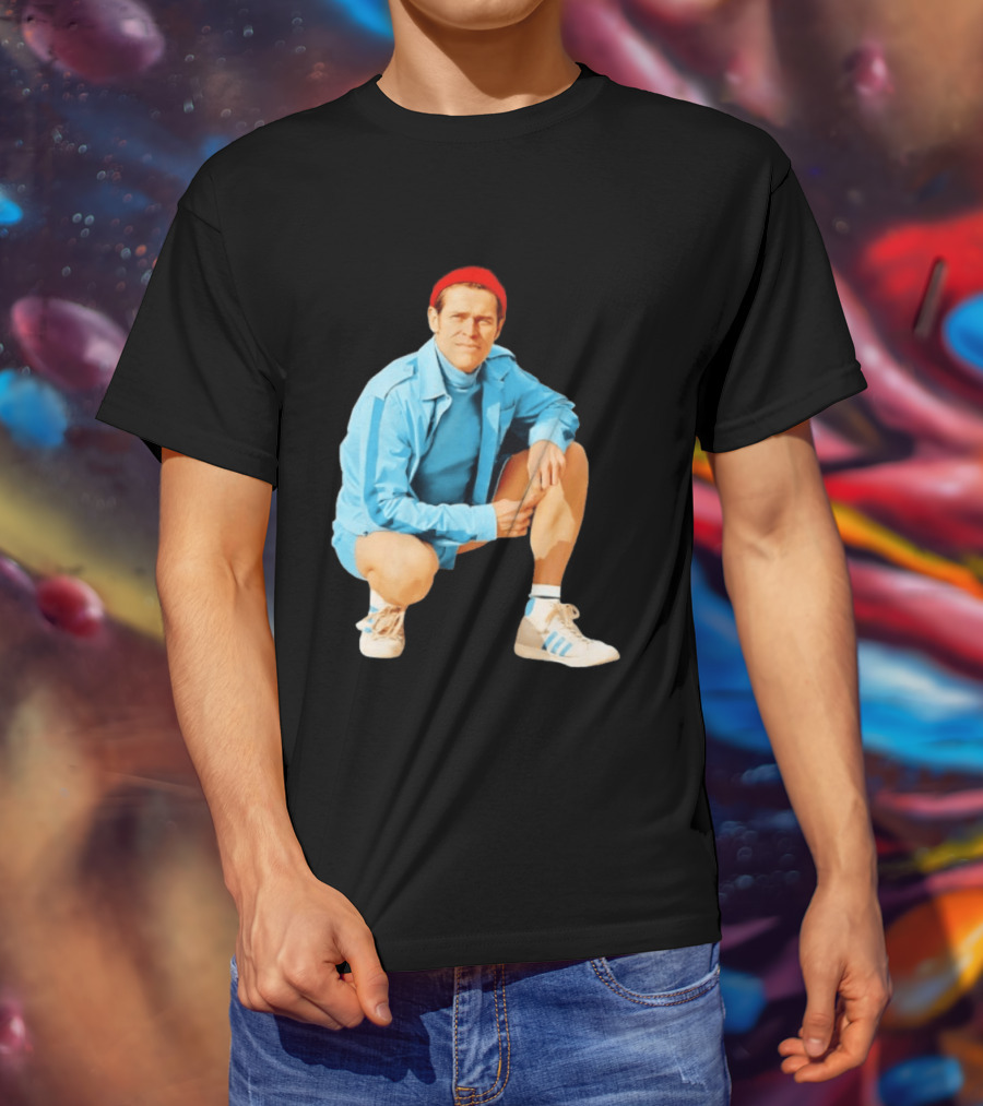 Klaus Willem Dafoe Retro Style With Red Beanie And Blue Tracksuit T-Shirt