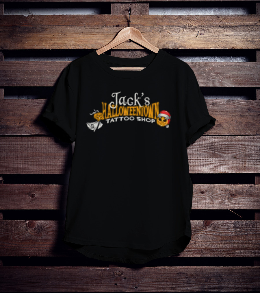 Lostbrostradingco Jack's Halloweentown Tattoo Shop Christmas Santa Hat T-Shirt