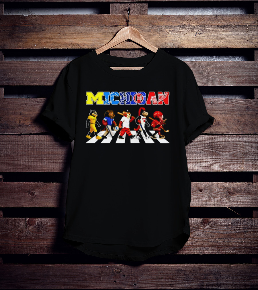 Michigan Sports Mascots Abbey Road Detroit Lions Pistons Tigers Red Wings Wolverine T-Shirt