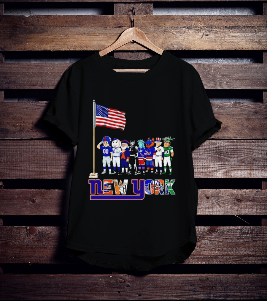 New York Sports Teams Mascots American Flag Giants Yankees Mets Rangers Knicks Jets T-Shirt