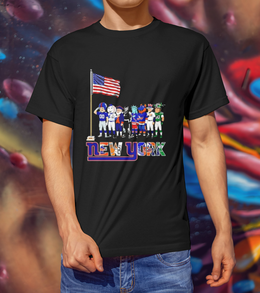New York Sports Teams Mascots American Flag Giants Yankees Mets Rangers Knicks Jets T-Shirt