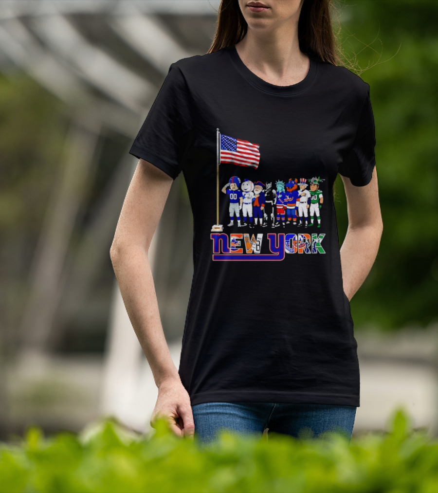 New York Sports Teams Mascots American Flag Giants Yankees Mets Rangers Knicks Jets T-Shirt