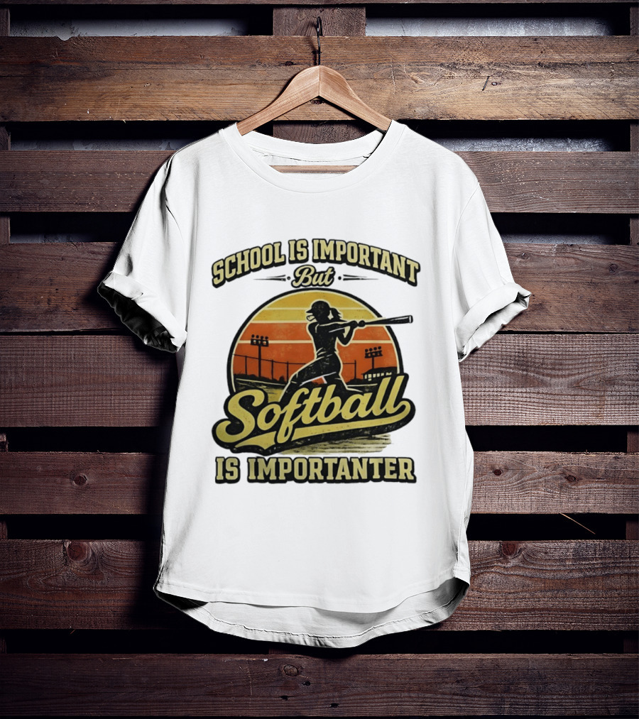 School Is Important But Softball Is Importanter Retro Silhouette Batter T-Shirt