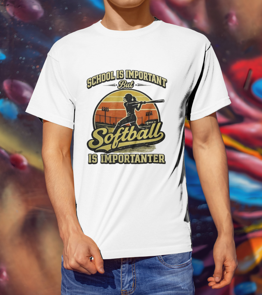 School Is Important But Softball Is Importanter Retro Silhouette Batter T-Shirt