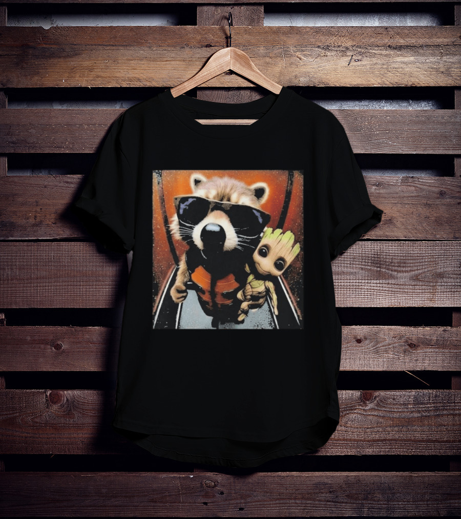 John Bates Raccoon And Baby Tree Alien With Sunglasses And Orange Suit T-Shirt