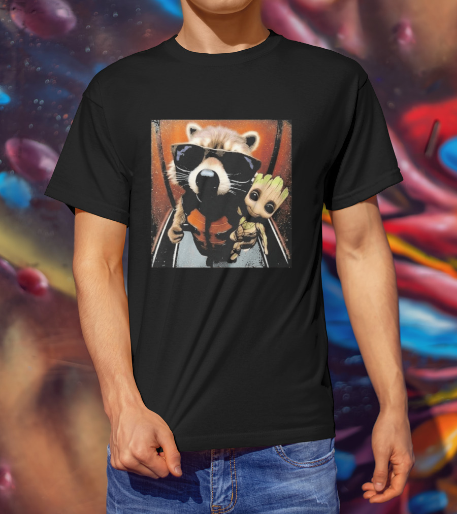 John Bates Raccoon And Baby Tree Alien With Sunglasses And Orange Suit T-Shirt