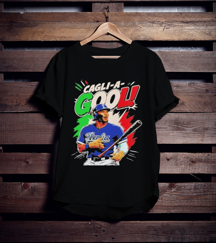 Cagli A Gool Italia Baseball Player Hitter With Italian Flag T-Shirt