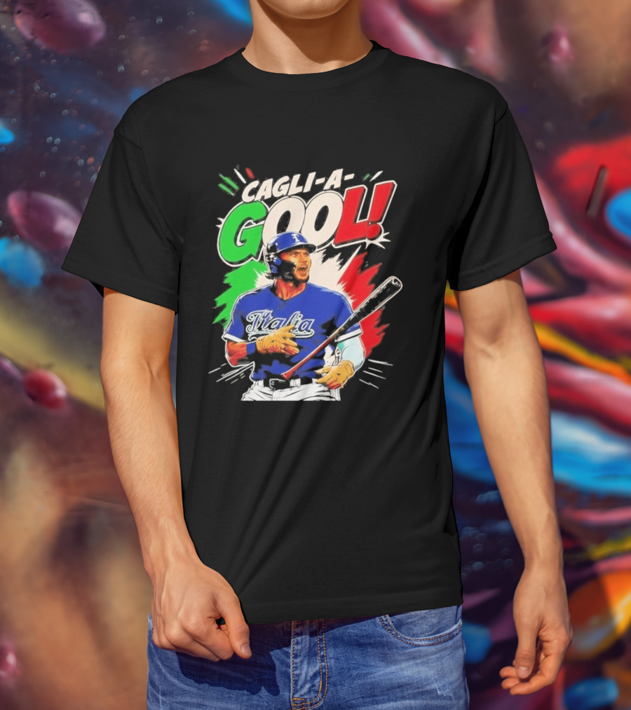 Cagli A Gool Italia Baseball Player Hitter With Italian Flag T-Shirt