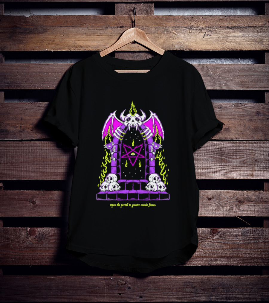 Open The Portal To Greater Cosmic Forces Pentagram Skull With Bat Wings And All Seeing Eye T-Shirt